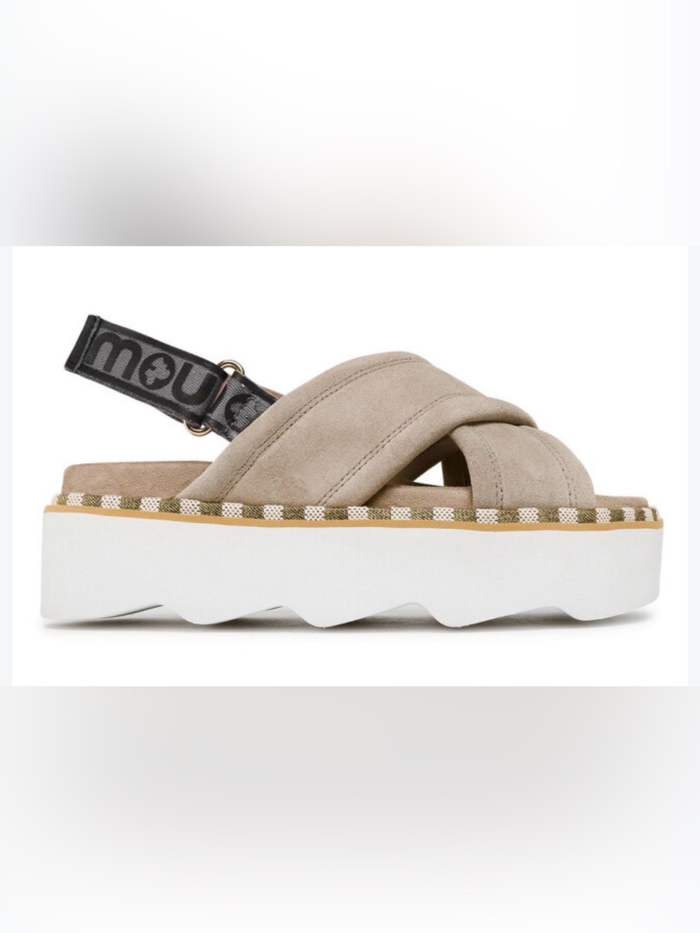 Mou Bio Criss-Cross Logo Tan Suede Platform Sandals. Size 37 (6).